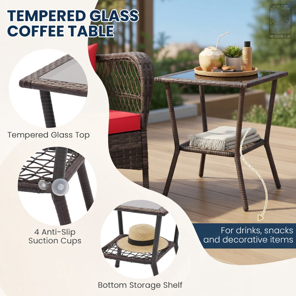 Hommoo 3-Piece Rocking Bistro Set with 2-Tier Tempered Glass Coffee Table, PE Rattan Outdoor Chairs, Red