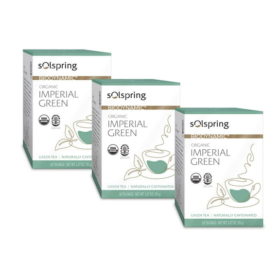 Dr. Mercola Solspring Biodynamic Organic Imperial Green Tea, 18 Tea Bags (Pack of 3) Light and Crisp Flavor, Naturally Contains Free, non GMO, Gluten Free, Soy Free, USDA Organic