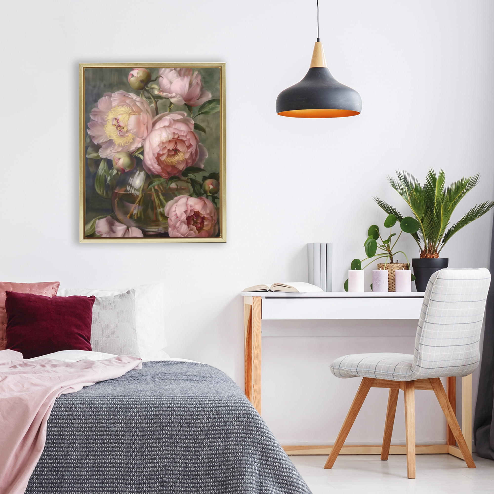 Stupell Industries Pink Peonies in Glass Vase Gold Framed Floater Canvas Wall Art, design by LSR Design Studio