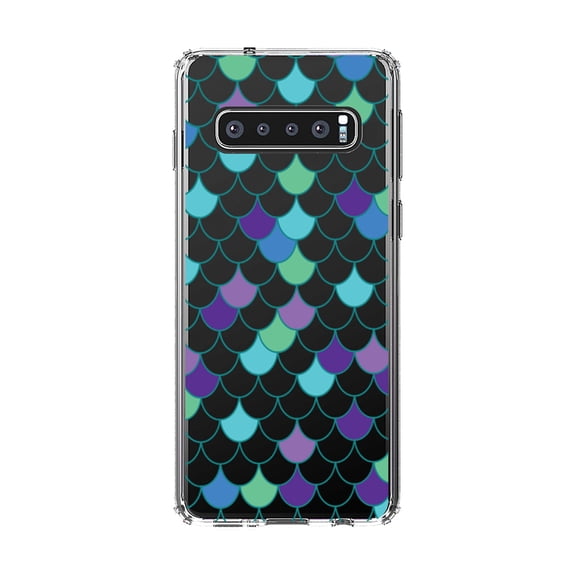 DistinctInk Clear Shockproof Hybrid Case for Samsung Galaxy S10 (6.1" Screen) - TPU Bumper, Acrylic Back, Tempered Glass Screen Protector - Mermaid Scales