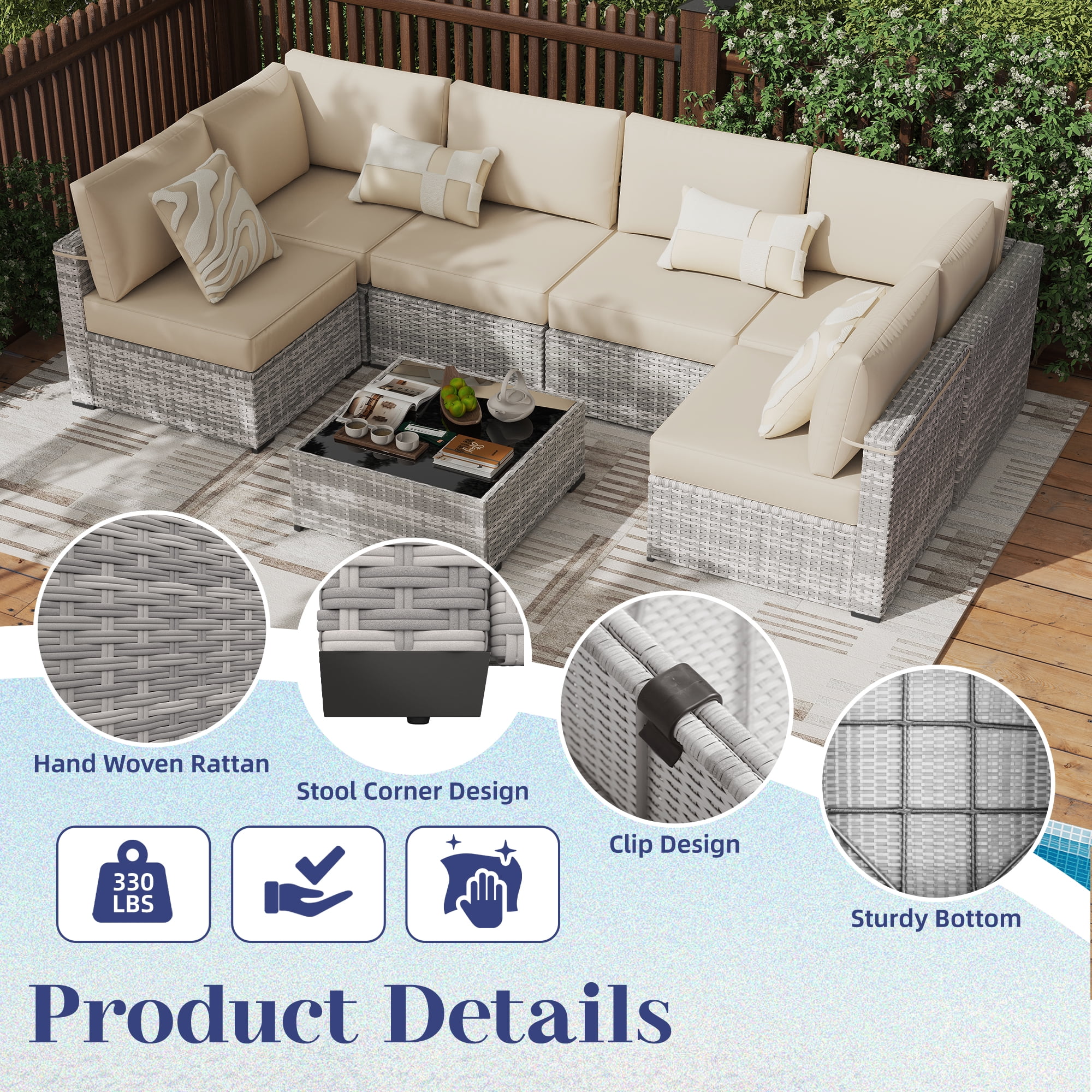 KIGOTY 7 Piece Outdoor Patio Furniture, Wicker Rattan Outdoor Conversation Set Sectional Sofas for Backyard, Garden, Grayish-White Beige