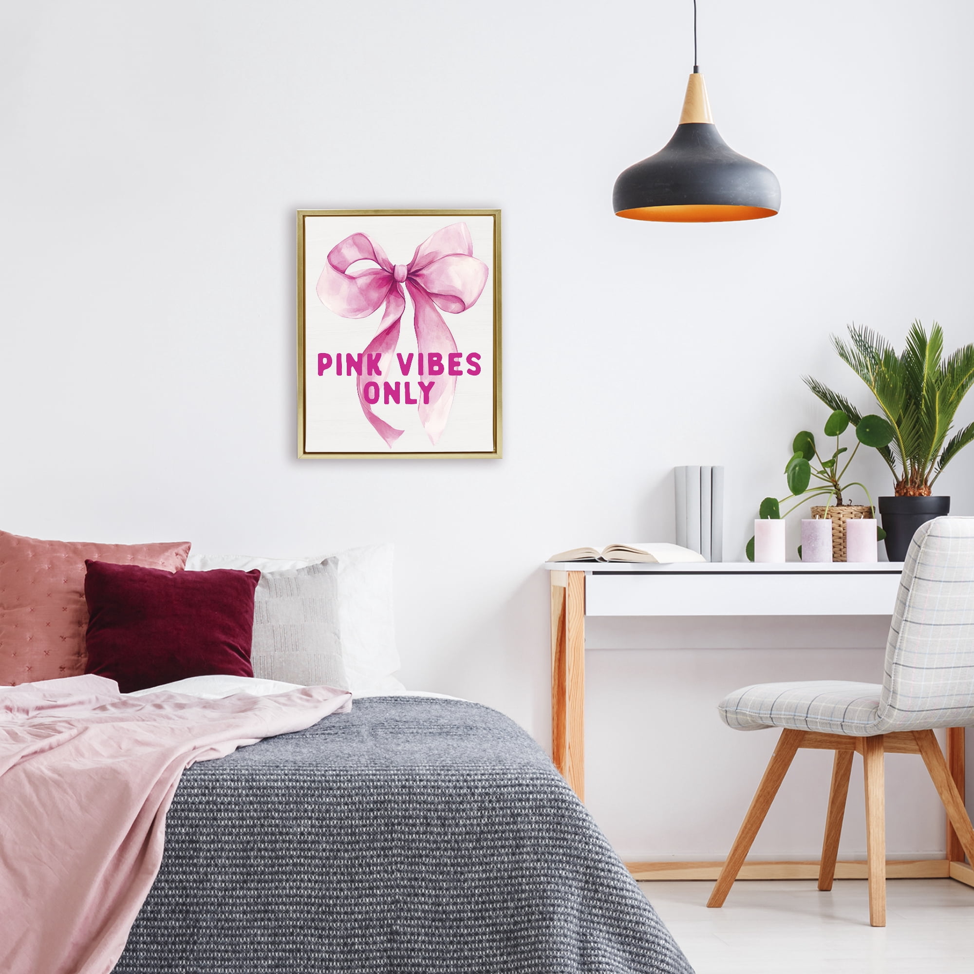 Girly Pink Vibes Only Gold Framed Floater Canvas Wall Art, design by Lettered and Lined