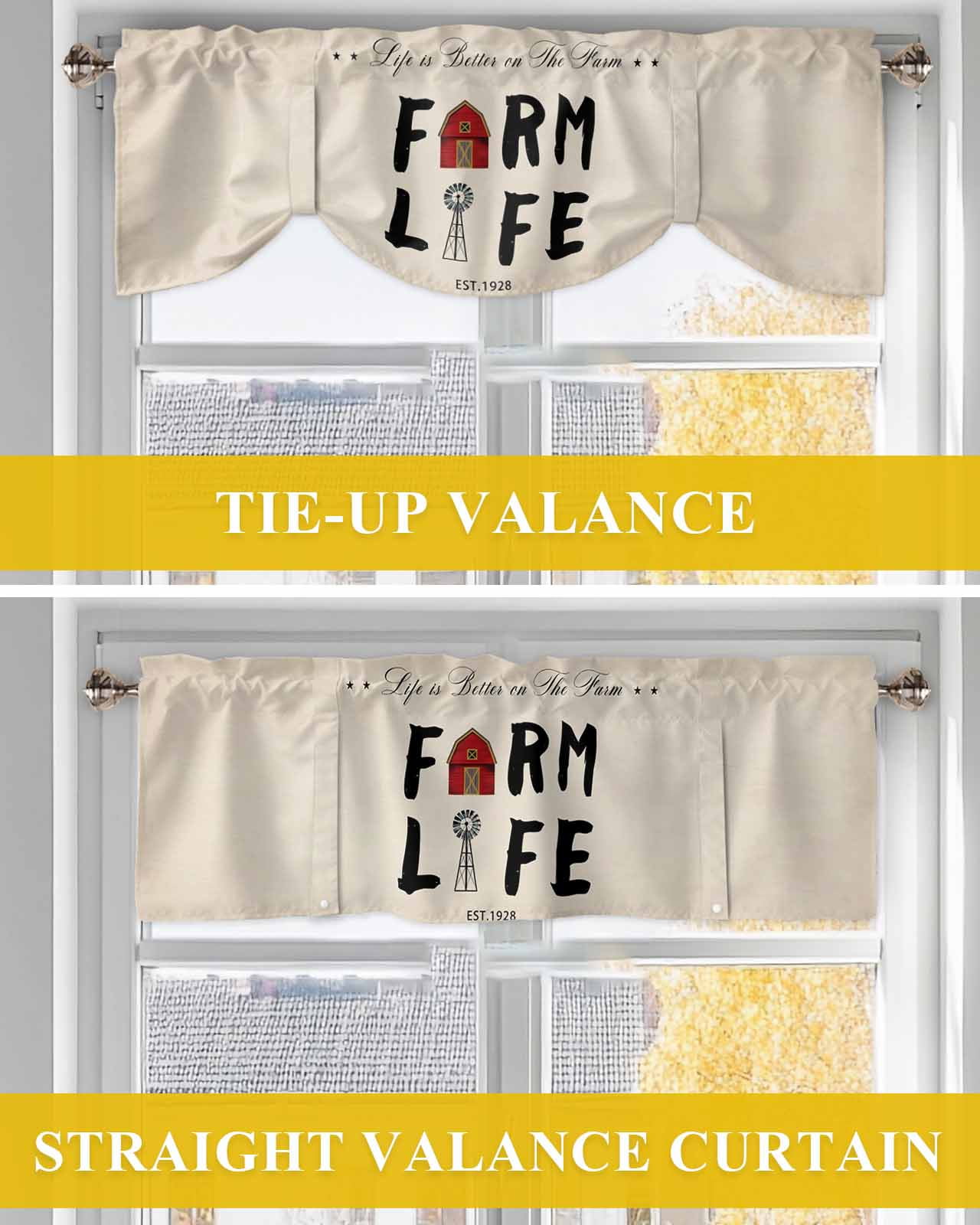 Farm Life Tie Up Valances Curtain, Adjustable Kitchen Barn Cow Chicken Pig Farmhouse Valances for Windows Decor, Rod Pocket Short Curtains Set for Bedroom/Bathroom, 60"x18"