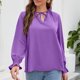 thumbnail image 3 of Blusa Cuello en V Manga larga Puños con volantes Lazo Cordón Volante Cuello alto Tops casuales para mujer Púrpura XL, 3 of 5
