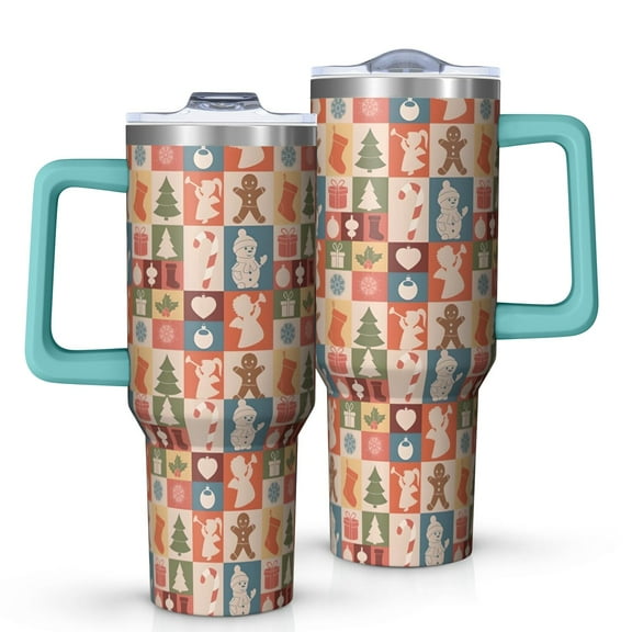 Multicolor Christmas Icon Pattern Tumbler with Handle and Lid,40oz Double Wall Vacuum Insulated Tumbler,Cups Gift for Women and Men