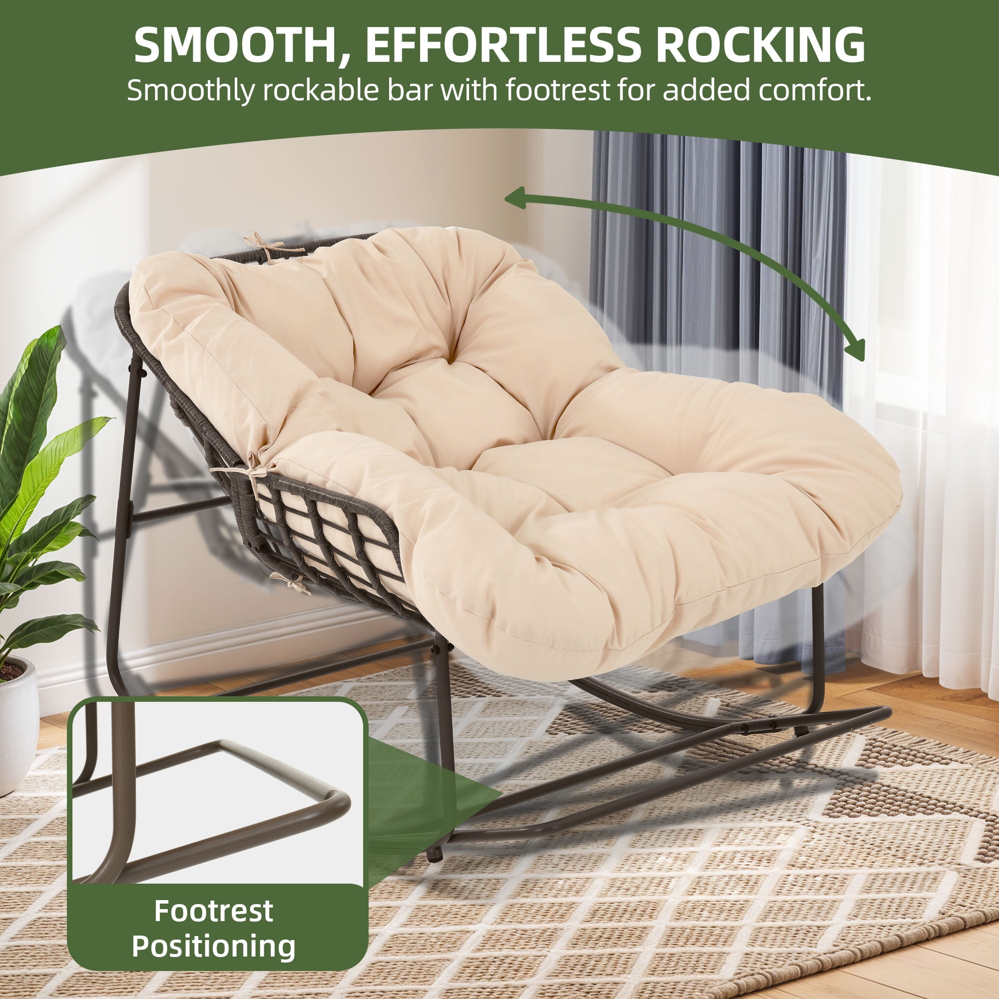 Uforic Outdoor Patio Papasan Rocking Chair with Thick Cushion,Oversized Rocking Chair - Beige