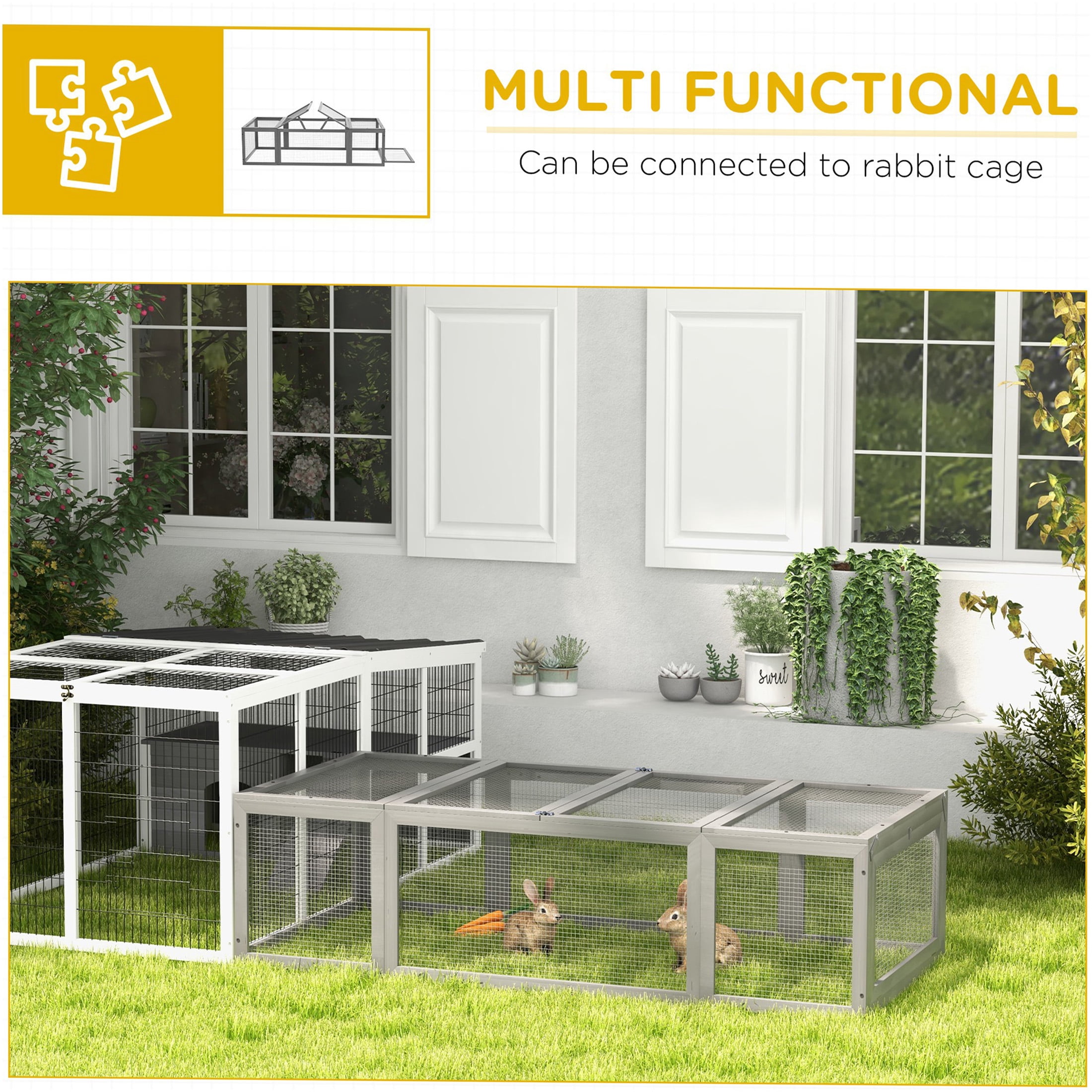 JERFIT Large Outdoor Rabbit Hutch with Run, Wooden Bunny Cage with Lockable Doors, Weather-Resistant Gray Guinea Pig House for Small Animals