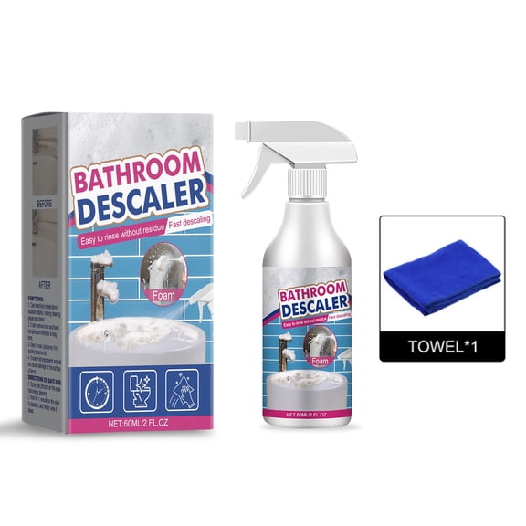 1 Set Bathroom Cleaner and Rag, 60ml Foam Descaler for Glass Tile Faucet Tub, Powerful Stain Remover for Soap Scum Hard Water, Multi-Surfaces Spray Cleaners