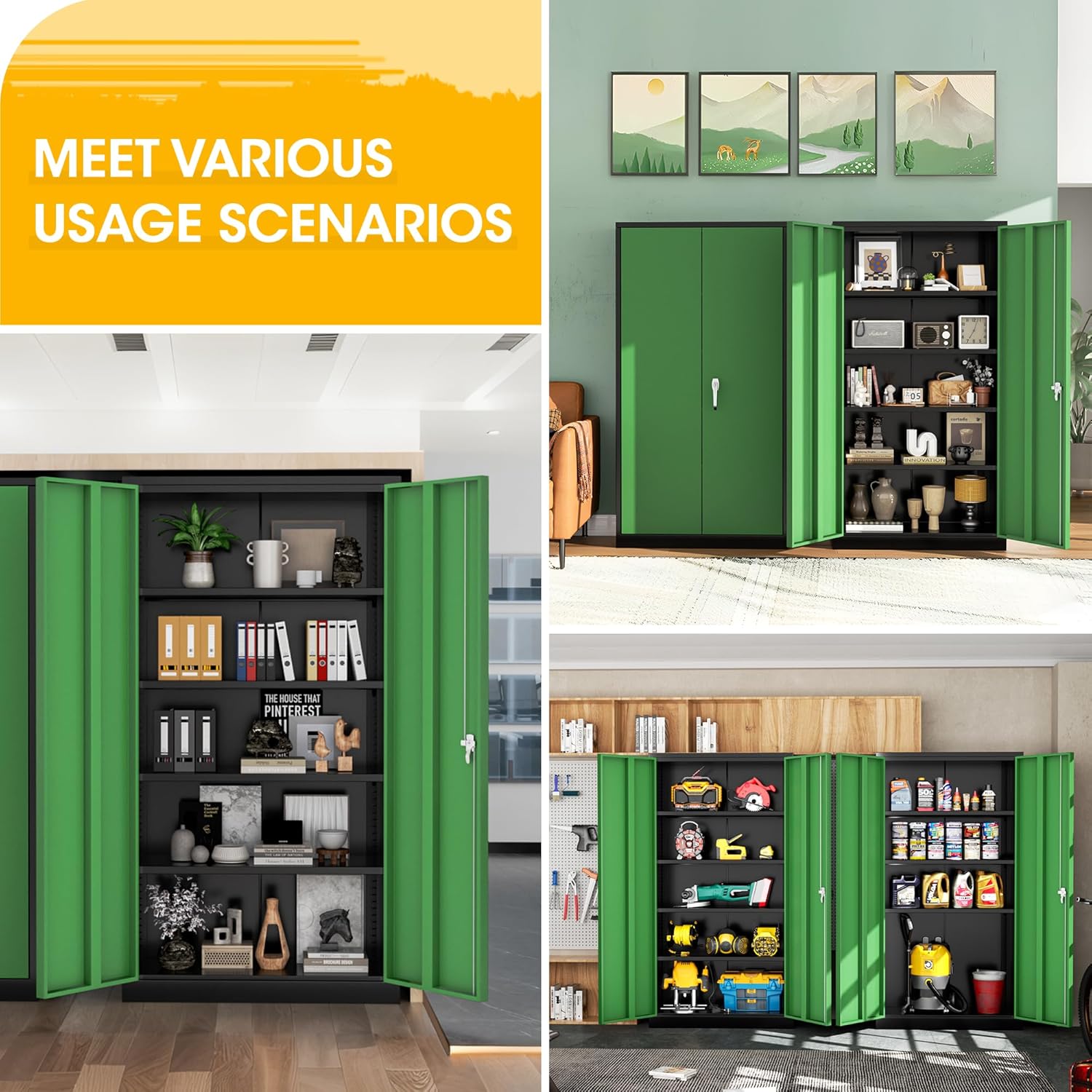 SOLAURA 72" Metal Garage Storage Cabinet with Locking Doors and Adjustable Shelves for Home, Office(Black Green)