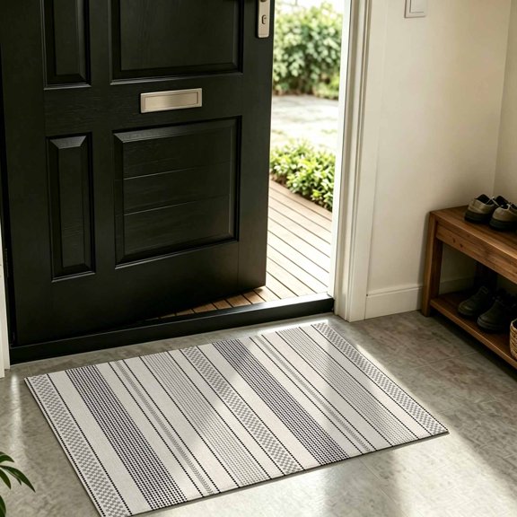 Front Door Mat Indoor Outdoor Vintage Boho Striped Non-Slip Doormat Low Profile Patio Porch Entryway Rug 16x24in Retro Black Beige Stripe