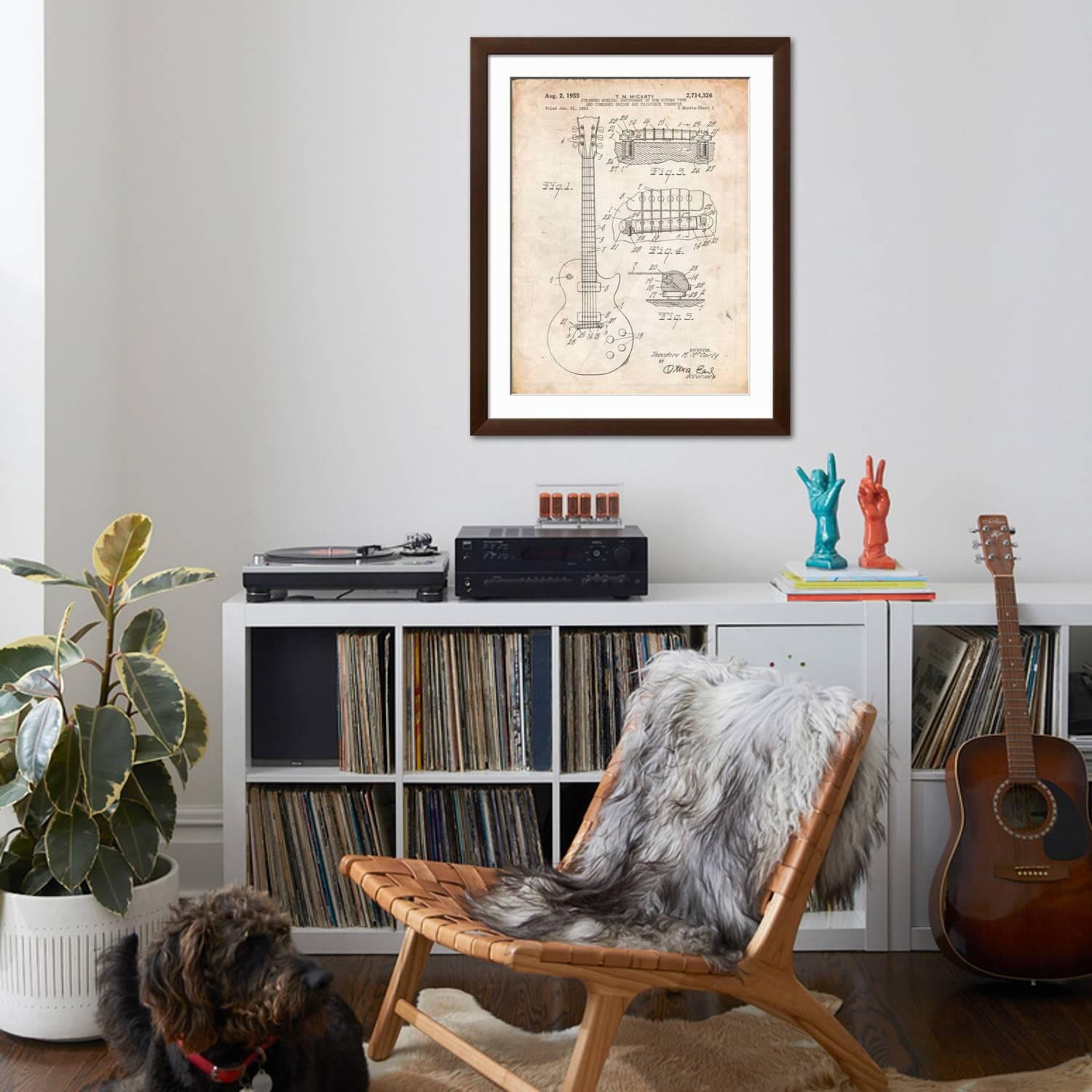 Art.com Gibson Les Paul Guitar Patent Art Print by Cole Borders, Brown Frame Wall Art, 32" x 40"