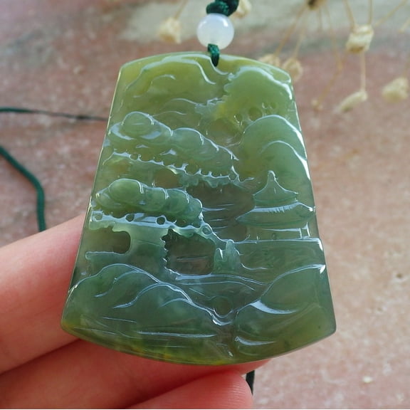 Certified Icy Yellow Green Burma 100% Natural A Jade jadeite Landscape painting Tree Necklace 590244 TN