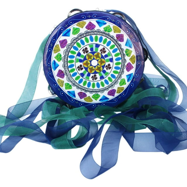 Pandereta de mano de 6'' con campanas de metal y cinta de seda Azul