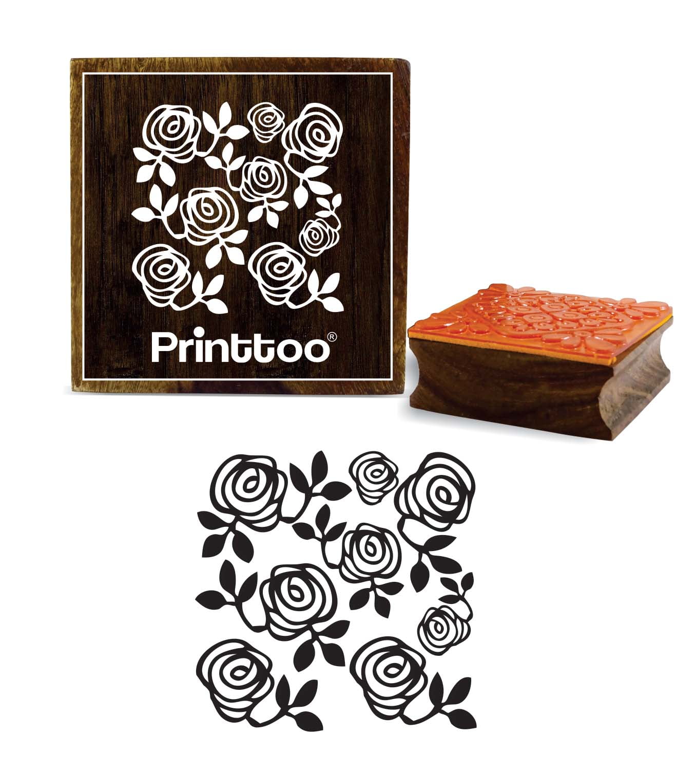 Printtoo Wooden Square Rubber Stamp Rose Floral Pattern Scrapbooking