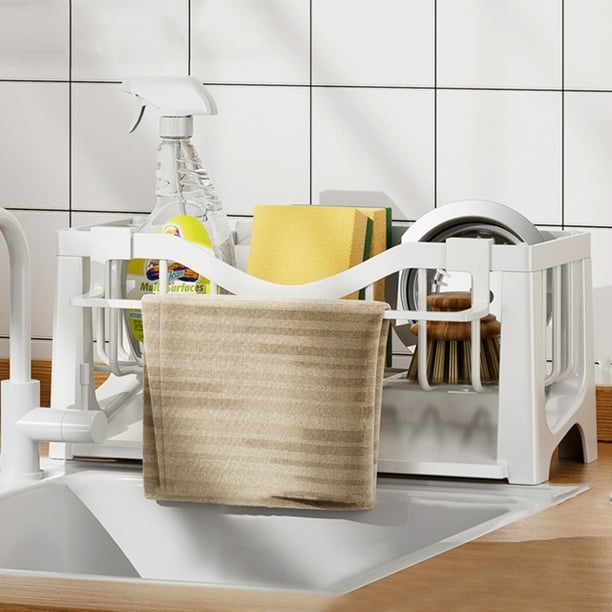 Organizador para fregadero de cocina | Soporte para esponjas con bandeja de drenaje automático | Incluye toallero | Plástico gris y blanco, resistente, para esponjas, cepillos y jabón.