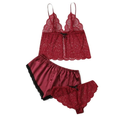 

Follure Ladies casual underwear bra Women Plus Size Lace Satin Shorts & Cami Top & Panty 3pack Lingerie Underwear Red S