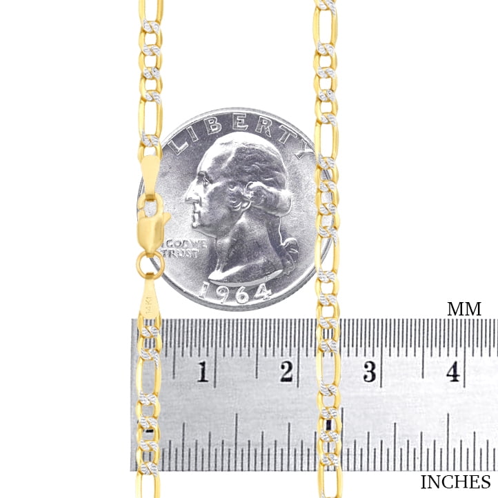 Nuragold 14k Real Yellow Gold Solid Figaro Link 4mm Diamond Cut Pave Chain Necklace (16"-30") Two Tone Italian Jewelry for Men & Women