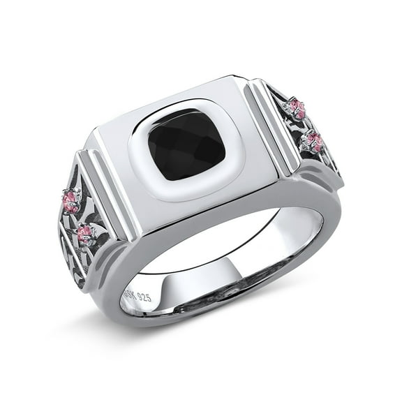 Gem Stone King Men's 925 Sterling Silver Black Onyx and Pink Lab Grown Diamond Ring (2.14 Cttw, Cushion Checkerboard 8MM, Gemstone Birthstone,, Size 8)