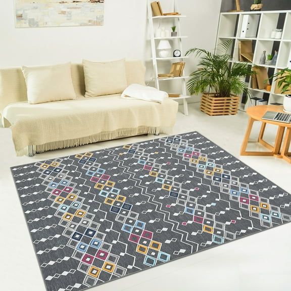 Hasoo 5' x 7' Boho Washable Vintage Rug for Living Room Low Pile Non-Slip Indoor Gray Carpet