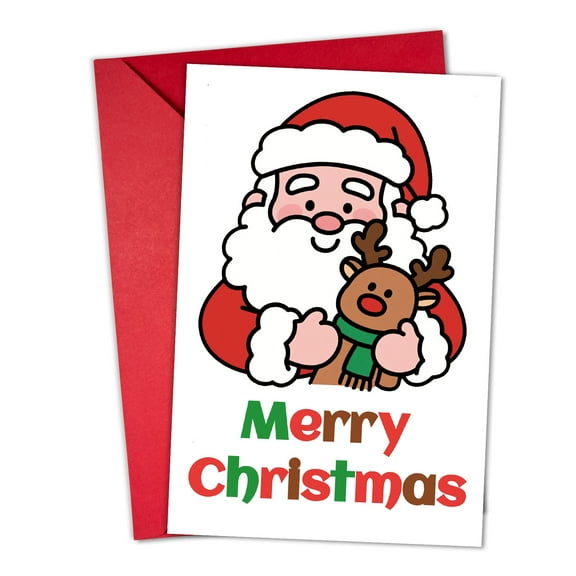 Merry Christmas Card Featuring Santa Claus and Reindeer – Cute Design with Red Envelope – Perfect for Holiday Greetings and Festive Wishes