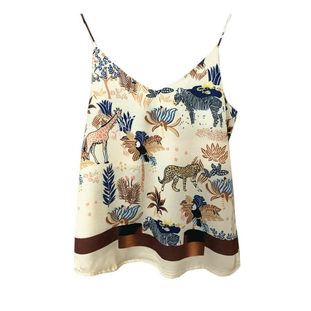 

Fsqjgq Loose Fit Top Women Printing Shoulder Ethnic Pattern V-Neck Sling Strap Tropical Jungle Thin Color Women s Tanks & Camis Camisole Top With Bra Polyester Beige Xl