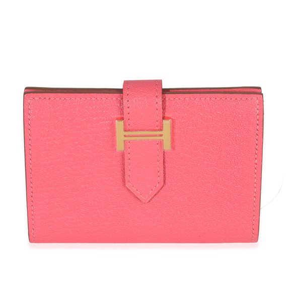 Pre-Owned Herms Rose Lipstick Chevre Mysore Bearn Wallet GHW