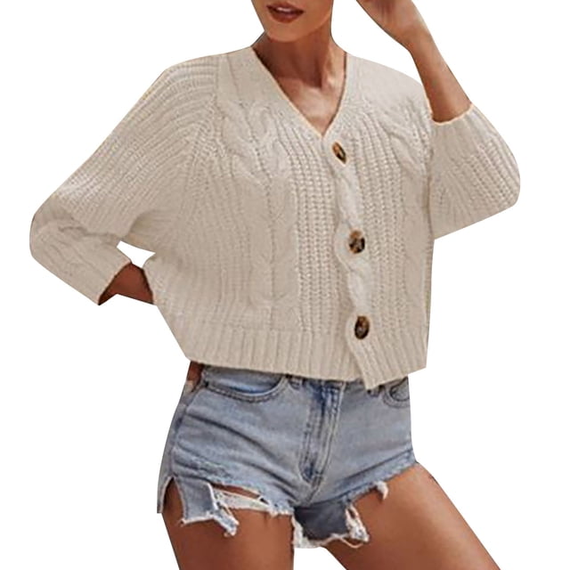 Baberdicy Cardigan Sweater Ladies Solid Color Button Sweater Knit Cropped Loose Cardigan Women's Cardigans White