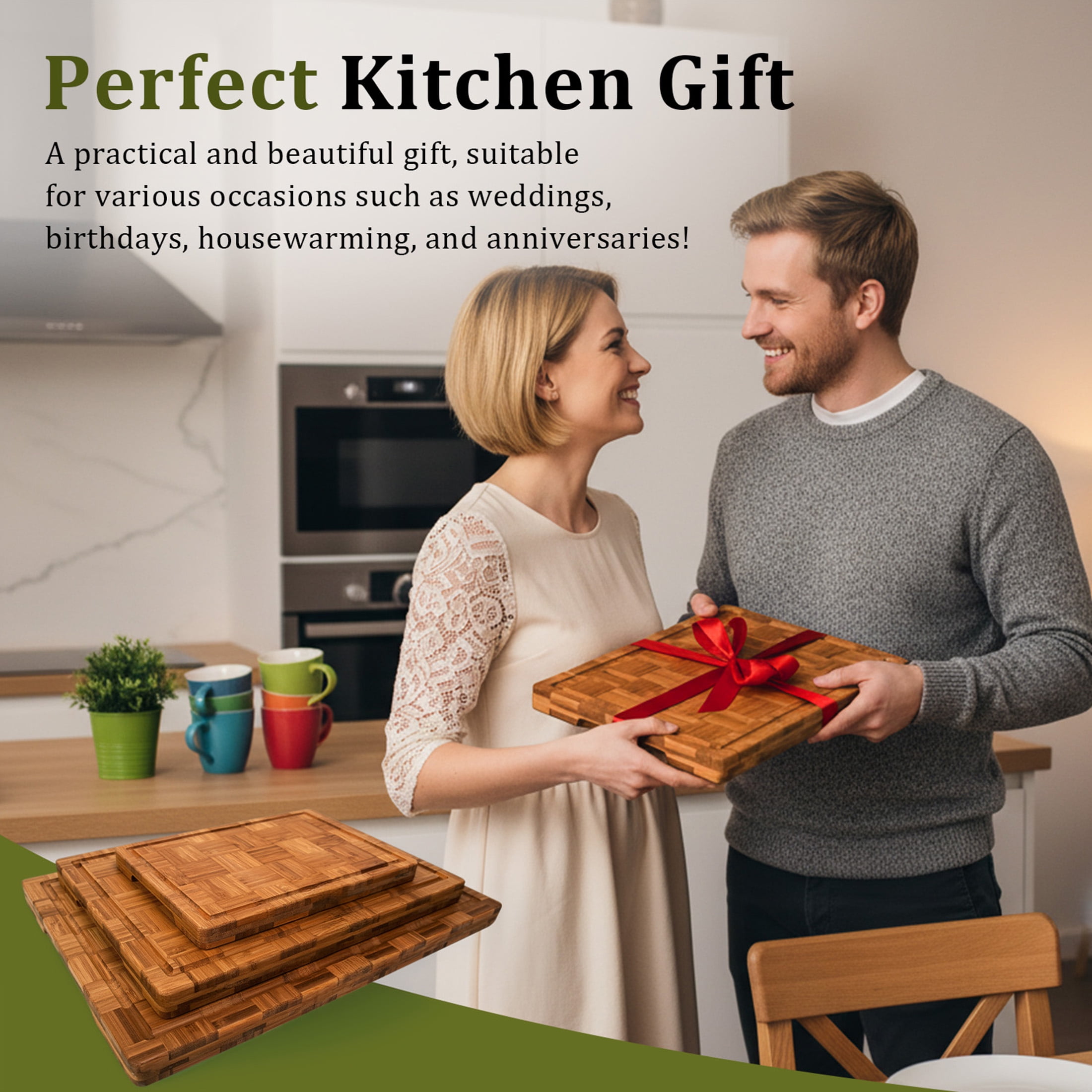 Kikcoin 4-piece Extra Large Bamboo Cutting Board, Wood Chopping Board for Kitchen with Juice Groove, Butcher Block End Grain Serving Tray
