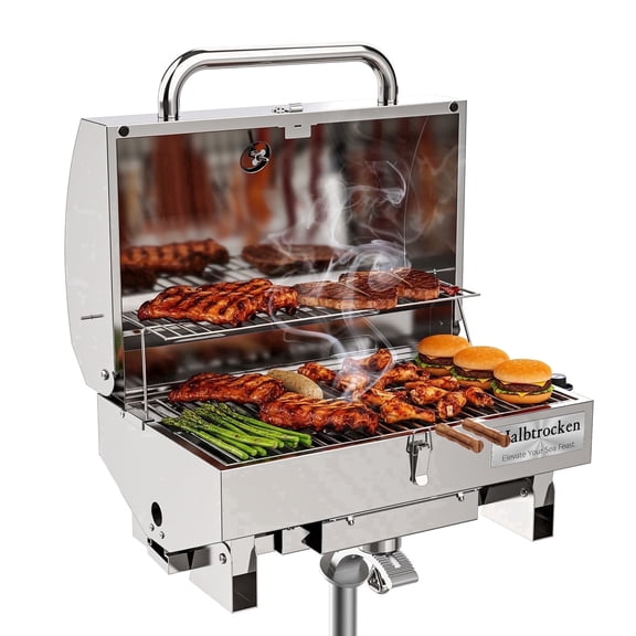Halbtrocken 304 Stainless Steel Marine Gas Grill with Rod Holder Mount & Cover - 200 sq. in. Cooking Area, 12,000 BTU Propane Boat Grill