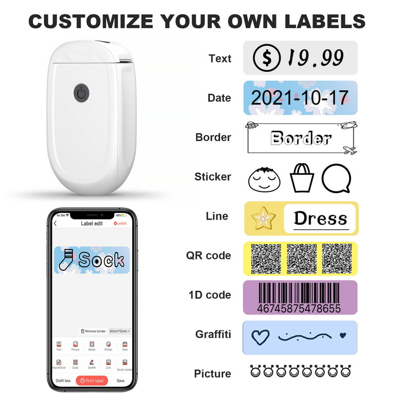 MARKLIFE Label Maker with Case - Mini Bluetooth Label Printer 4 Labels  Portable Thermal Sticker Machine for Storage Barcode Office Home Labelmaker