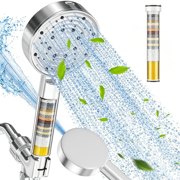 Cshidworld Filtered Shower Head with Handheld, High Pressure 10 Spray Mode Showerhead with Filters Beads for Hard Water - Remove Chlorine, Built-in Power Wash to Clean Tub Tile & Pets, Chrome
