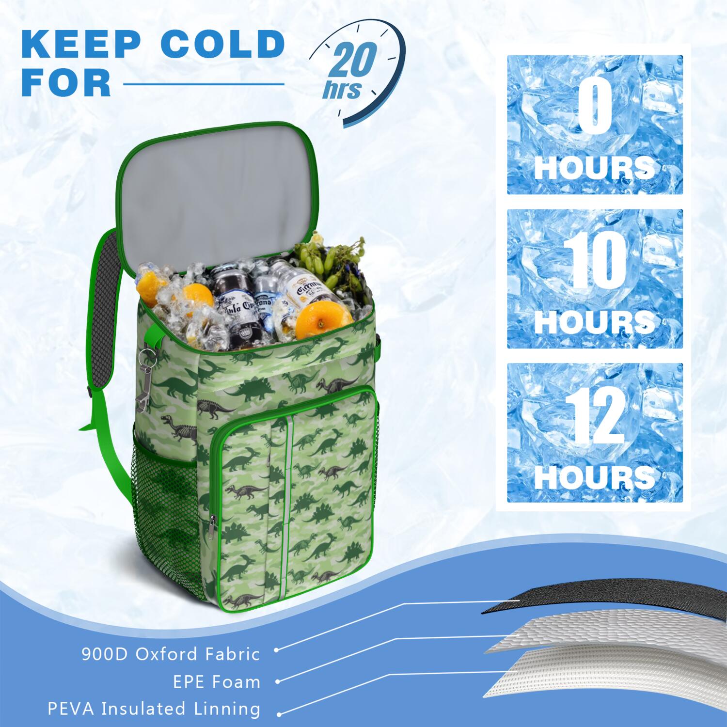 Travel Cooler Bag - Green Cartoon Dinosaurs Camouflage Pattern Camping Beer Cooler Backpack with Bottle Opener- Waterproof Insulated Picnic Backpacks - Cooler Bag for Beach
