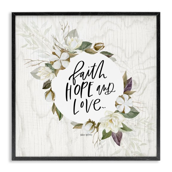 Stupell Industries Farmhouse Faith Hope and Love Sentiment Floral Cotton Wreath Black Framed Giclee Art, 12 x 12, by Valerie Wieners