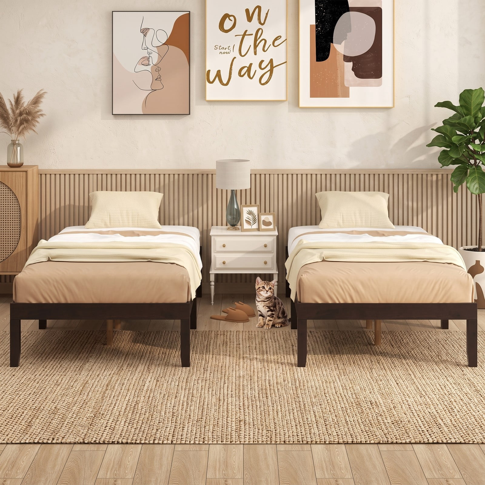 Furnibear Twin Bed Frame with Storage, 14 Inch Wood Platform Bed Frame with Slat Support and Under Bed Storage, No Box Spring, Espresso