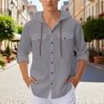 thumbnail image 3 of JTieacloth Summer Linen Long Sleeve Shirt Beach Casual Hooded Shirt Long Sleeve Solid Color Shirt Free Button Down Shirt Gray, 3 of 7