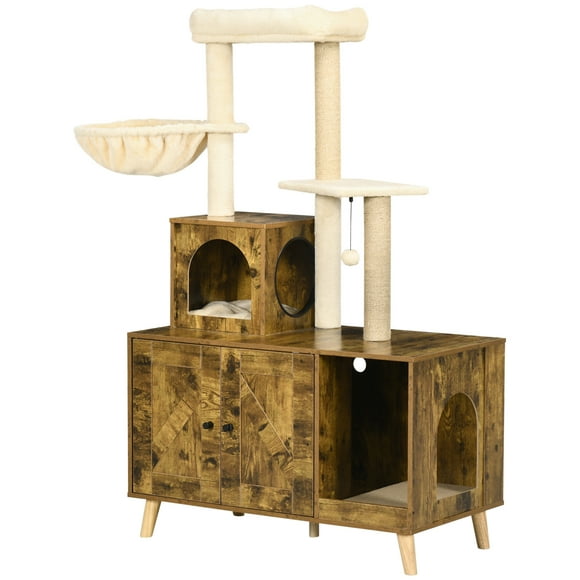 PawHut Litter Box Enclosure with Cat Tree Tower, Condo, Scratching Posts