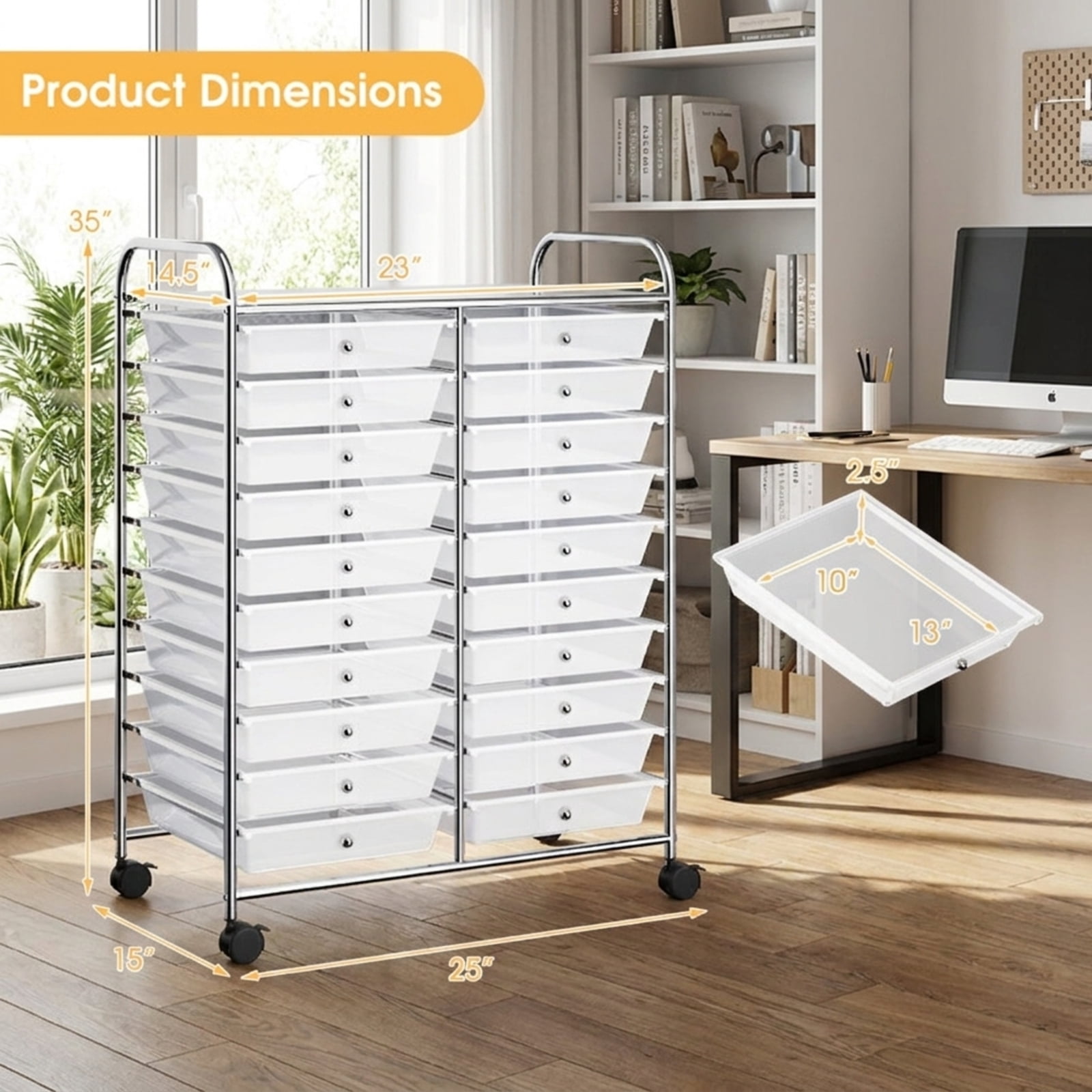 Furnibear Rolling Storage Cart with 20 Removable Drawers and Locking Wheels Metal Utility Cart Studio Organizer for Home Office Craft Room and Classroom, Transparent