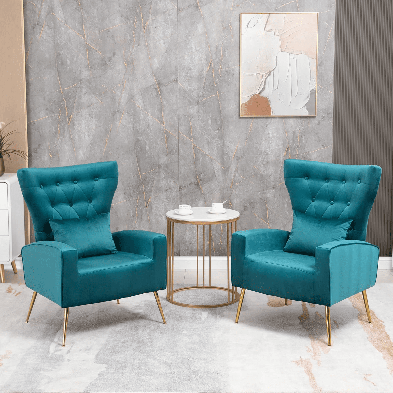 Modern Upholstered Living Room Chairs Set of 2, Wingback Velvet Accent