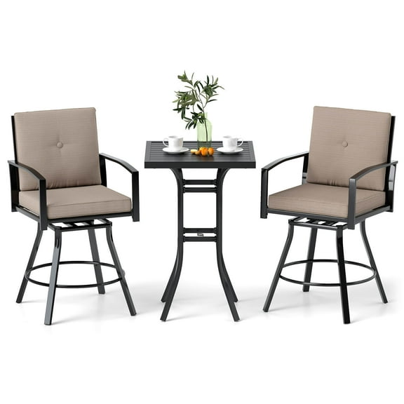 Gymax Set of 3 Swivel Bar Set Table & Chairs Set w/ Soft Cushions & Umbrella Hole