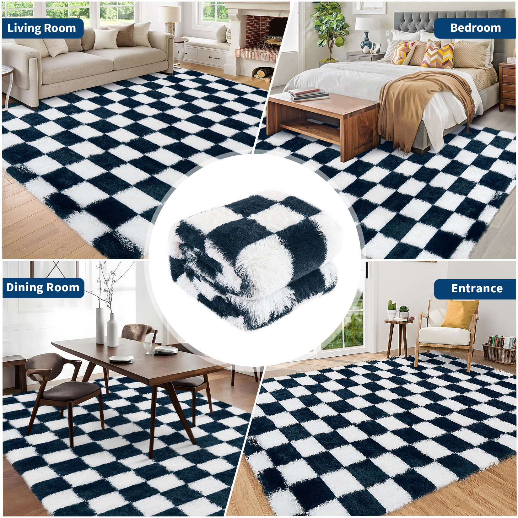 COZONY 10x13 Checkered Thick Area Rug, Extra Large Ultra Soft Plush Shag Carpet with Non-Slip Back, Navy Blue
