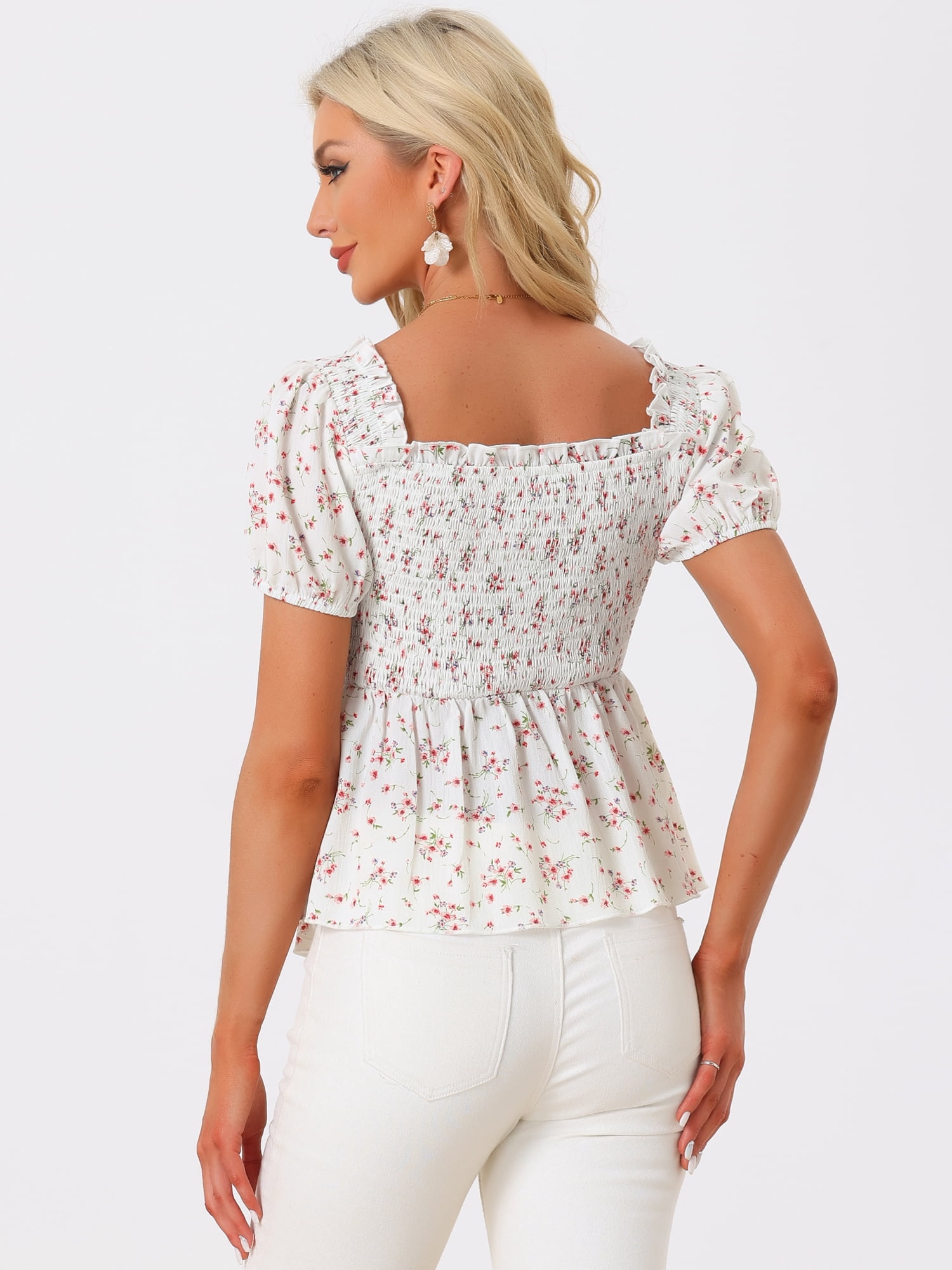 DARING DIVA Women's Floral Neck Ruffle Peasant Top Blouse M White
