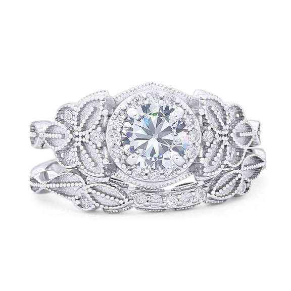 Moissanite Size-5 Art Deco Two Piece Round Floral Vintage Style Leaf Curved Band Halo CZ Wedding Set Bridal Engagement Ring 925 Sterling Silver