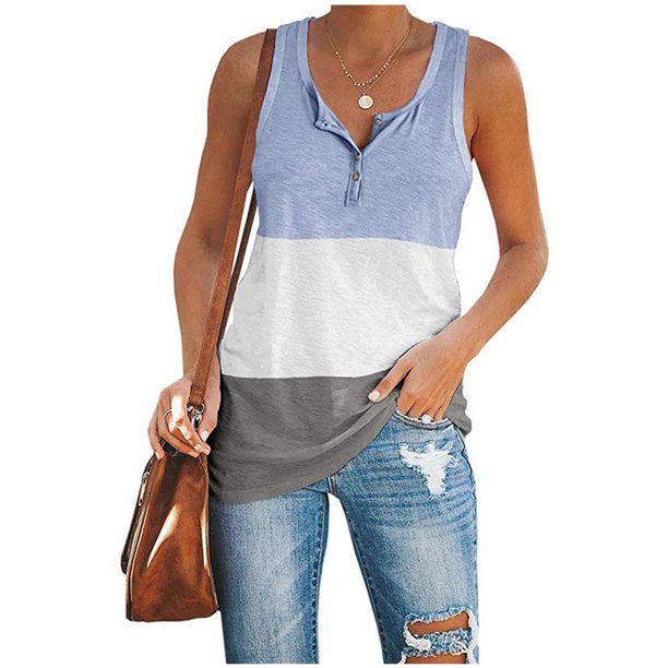 Puntoco Mujeres Casual Corto Sin Mangas Cuello en V Raya Suelta Camiseta Blusa tops Chaleco Puntoco Puntoco-682