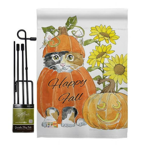 Breeze Decor BD-HA-GS-113076-IP-BO-D-US18-WA 13 x 18.5 in. Happy Pumpkin Kitty Fall Harvest & Autumn Vertical Double Sided Mini Garden Flag Set with Banner Pole