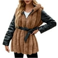 thumbnail image 3 of HTNBO Women's Faux Fur Coats with Hood Thicken Moto Biker Jackets Warm Winter Coats Belted Fleece Fuzzy Sherpa Trench Coats, 3 of 7