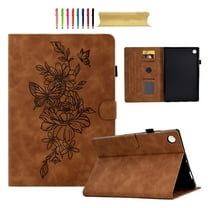 Smart Tablet Case for Samsung Galaxy Tab A9 8.7" 2023 SM-X110 / SM-X115 Book Style Flip Cover, Flower Pattern Luxury PU Leather Kickstand Magnetic Clasp Auto Sleep/Wake Shockproof Case, Brown