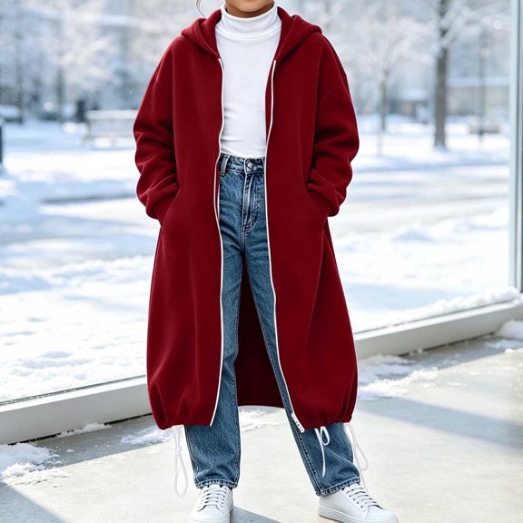 VEKDONE Girls Long Hoodie Jacket Full Zip Oversized Maxi Length Hooded Sweatshirt Coat with Pockets & Drawstring Hem Casual Loose Long Sleeve Outerwear for Fall Winter Wine,170