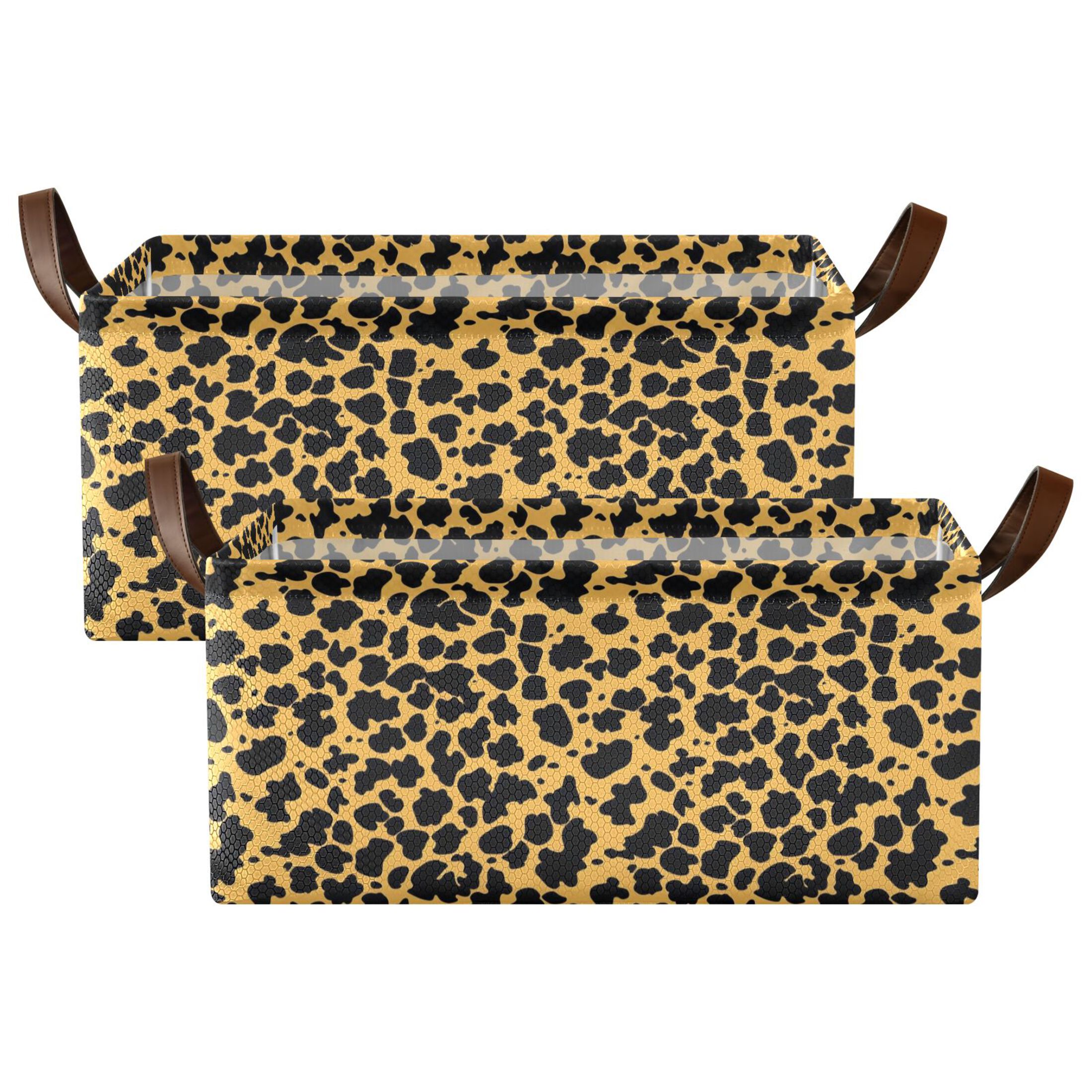 Black Leopard Print Collapsible Storage Bins Fabric Shelf Baskets with Handles 16.9"x11.4"x7.7" Closet Organizer