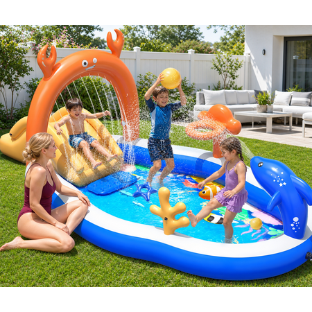 Large Inflatable Kiddie Pool with Water Slide and Sprinkler, 120 x 70 x 50 Inch Kids Inflatable Play Center with Basketball Hoop, Ring Toss and Splash Area for Backyard Summer Water Play, Blue