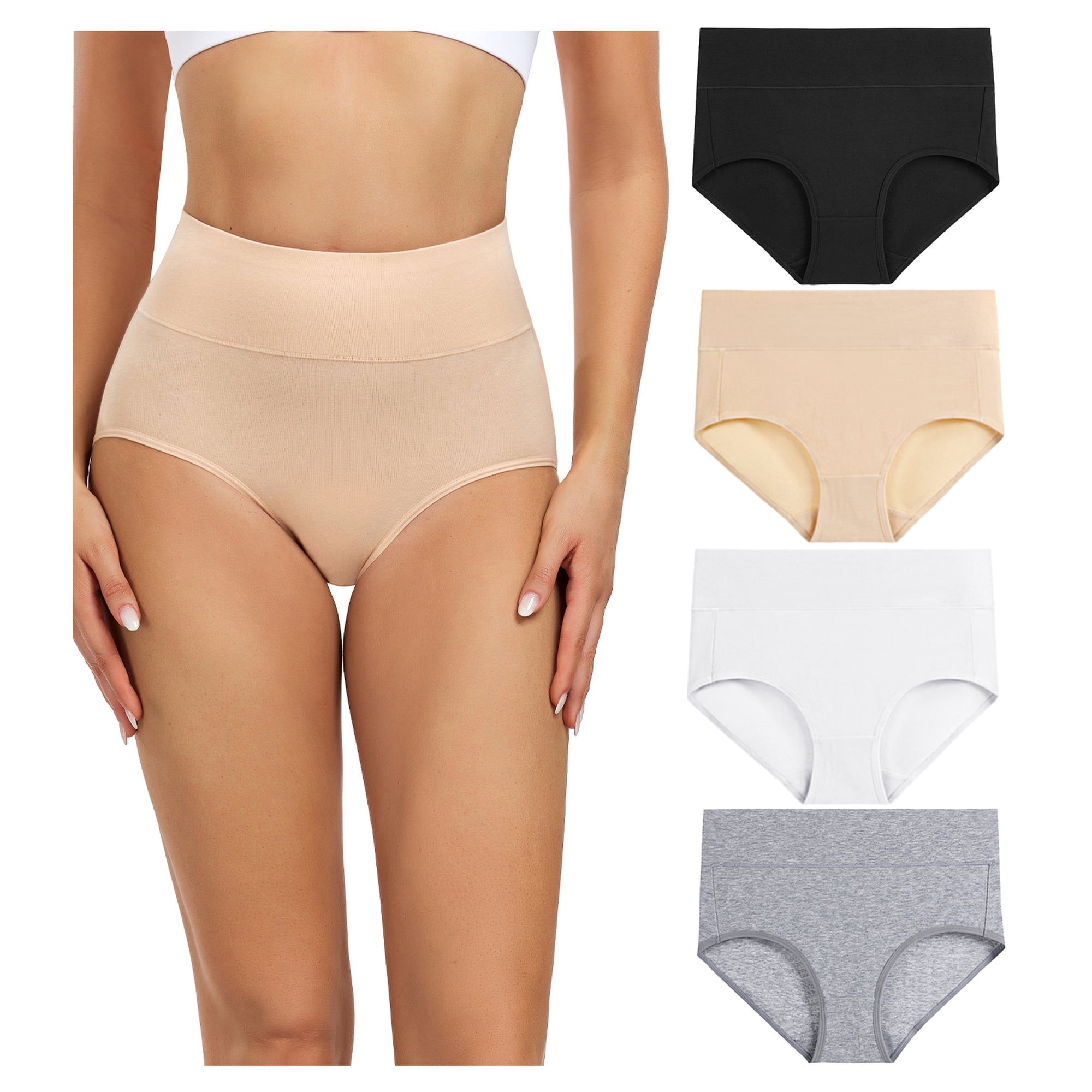 Wirarpa Women s Underwear High Waisted Full Coverage Cotton Briefs 4 Pack(L Black/White/Heather Grey/Beige)